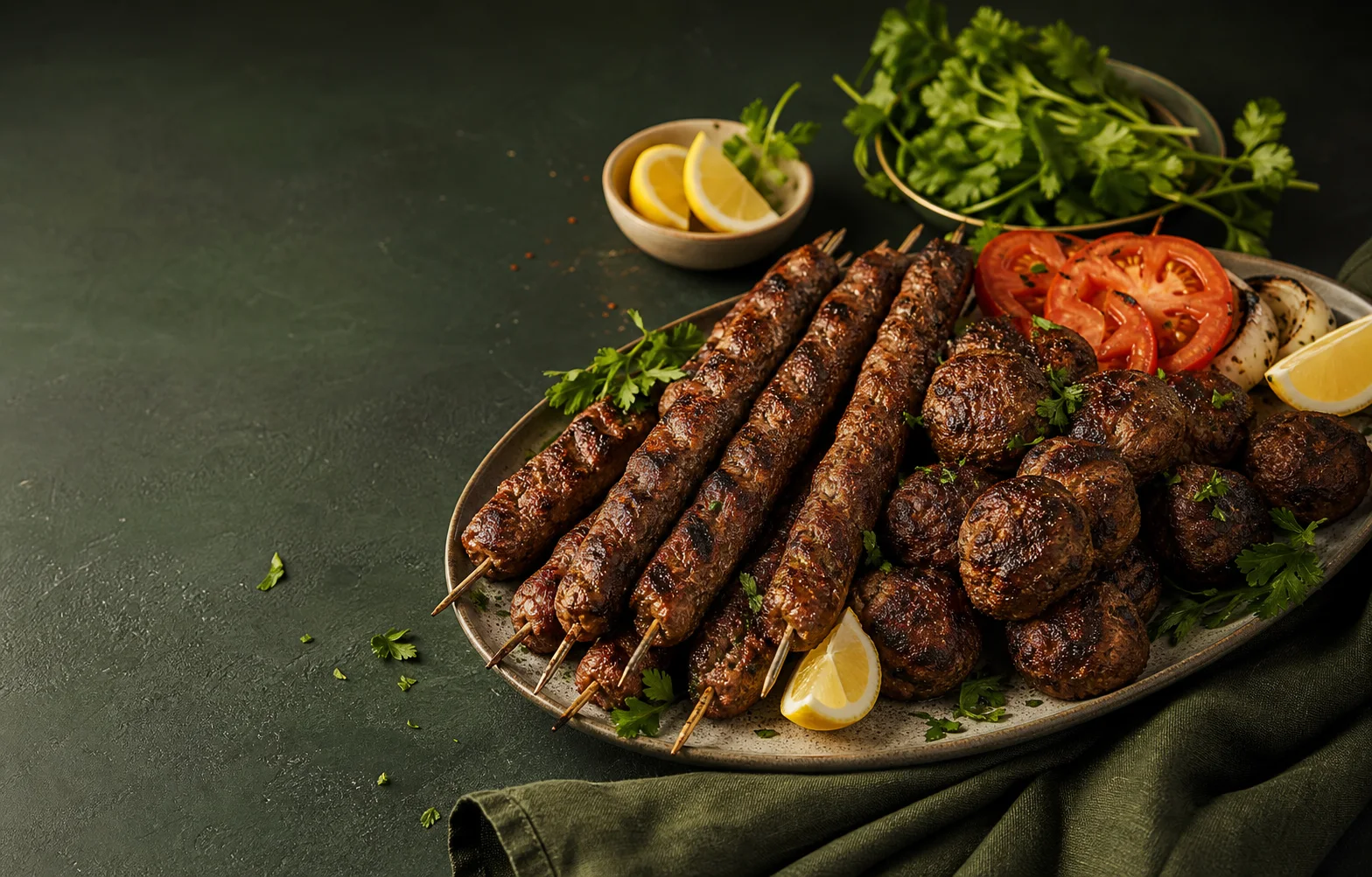 Freshly grilled kebabs and meatballs served with herbs and lemon